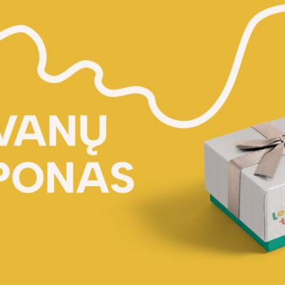 Lepu Tepu dovanų kuponas su kaspinu perrišta dėžute ant geltono fono